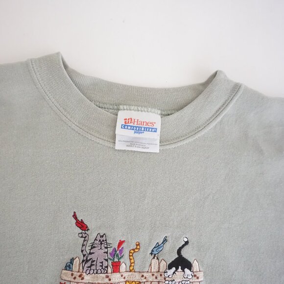 Vintage Hanes Sage Cotton Blend Cat Kittens Embroidery Sweater Grandmacore S - Picture 4 of 13
